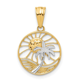14K Yellow Gold with White Rhodium-plating Ocean and Palm Tree Round Pendant