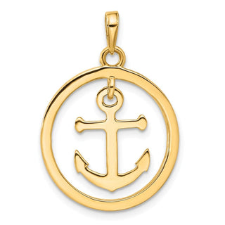 14K Yellow Gold and White Rhodium-plating Diamond-cut Anchor Dangle in Circle Pendant