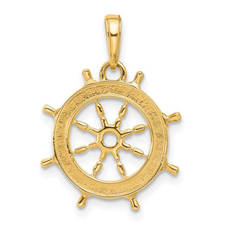 14K Yellow Gold and White Rhodium-plating Diamond-cut Ships Wheel Pendant