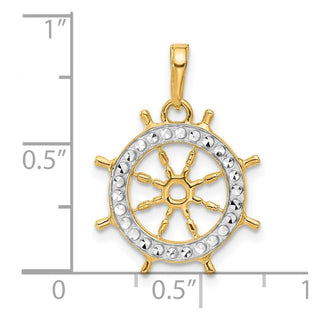 14K Yellow Gold and White Rhodium-plating Diamond-cut Ships Wheel Pendant