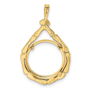 14k Yellow Gold Bamboo Teardrop 14mm Prong Coin Bezel Pendant - Fits 1/20 oz Maple Leaf and Other Coins