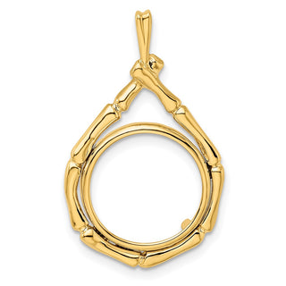 14k Yellow Gold Bamboo Teardrop 14mm Prong Coin Bezel Pendant - Fits 1/20 oz Maple Leaf and Other Coins