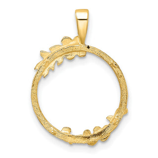 14k Yellow Gold Satin & Polished Floral Design 14mm Prong Coin Bezel Pendant - Fits 1/20 oz Maple Leaf and Other Coins