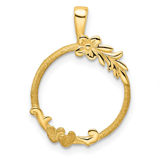 14k Yellow Gold Satin & Polished Floral Design 14mm Prong Coin Bezel Pendant - Fits 1/20 oz Maple Leaf and Other Coins