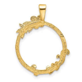 14k Yellow Gold Satin & Polished Floral Design 16mm Prong Coin Bezel Pendant - Fits 1/10 oz Maple Leaf, Maple Leaf, and Other Coins