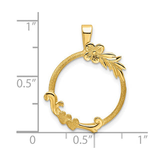 14k Yellow Gold Satin & Polished Floral Design 16mm Prong Coin Bezel Pendant - Fits 1/10 oz Maple Leaf, Maple Leaf, and Other Coins