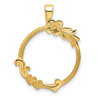 14k Yellow Gold Satin & Polished Floral Design 16mm Prong Coin Bezel Pendant - Fits 1/10 oz Maple Leaf, Maple Leaf, and Other Coins