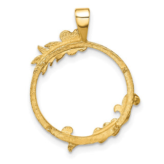 14k Yellow Gold Satin & Polished Floral Design 16.5mm Prong Coin Bezel Pendant - Fits 1/10 oz American Eagle and 1/10 oz Krugerrand
