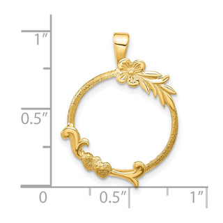 14k Yellow Gold Satin & Polished Floral Design 16.5mm Prong Coin Bezel Pendant - Fits 1/10 oz American Eagle and 1/10 oz Krugerrand