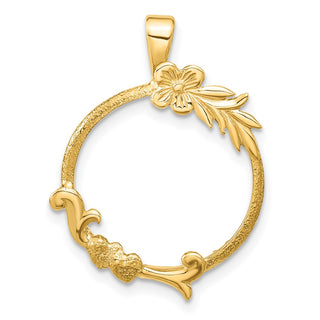 14k Yellow Gold Satin & Polished Floral Design 16.5mm Prong Coin Bezel Pendant - Fits 1/10 oz American Eagle and 1/10 oz Krugerrand