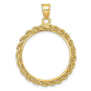 10k Yellow Gold Polished and Diamond-cut with Rope Edge 22.0mm Prong Coin Bezel Pendant - Fits 1/4 oz American Eagle and Other Coins