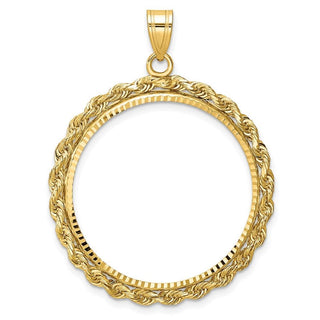 10k Yellow Gold Polished and Diamond-cut with Rope Edge 27.0mm Prong Coin Bezel Pendant - Fits 1/2 oz American Eagle, US $10 Liberty, and Other Coins