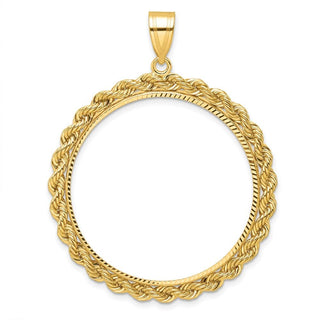 10k Yellow Gold Polished and Diamond-cut with Rope Edge 32.7mm Prong Coin Bezel Pendant - Fits 1 oz American Eagle, 1 oz Cat, and 1 oz Krugerrand
