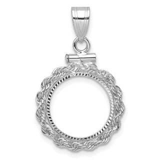 14k White Gold Polished Rope and Diamond-cut 13.0mm x 1.1mm Screw Top Coin Bezel Pendant