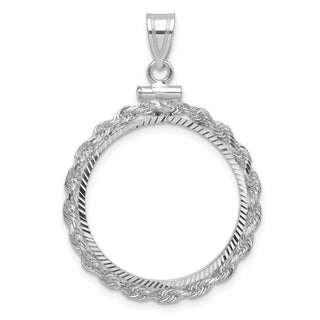 14k White Gold Polished Rope and Diamond-cut 21.6mm x 1.7mm Screw Top Coin Bezel Pendant