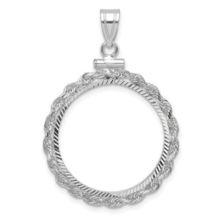 14k White Gold Diamond-cut Rope Screw Top 21.6mm x 1.7mm Coin Bezel Pendant - Fits US $5 Bald Eagle, US $5 Congressional, US $5 Liberty, and Other Coins