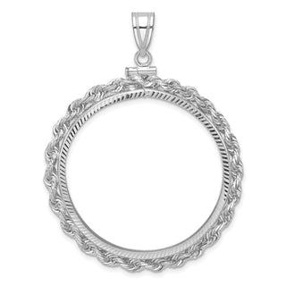 14k White Gold Polished Rope and Diamond-cut 34.2mm x 2.85mm Screw Top Coin Bezel Pendant
