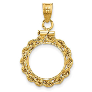 14k Yellow Gold Rope Diamond-cut Screw Top 14mm Coin Bezel Pendant - Fits 1/20 oz Maple Leaf and Other Coins