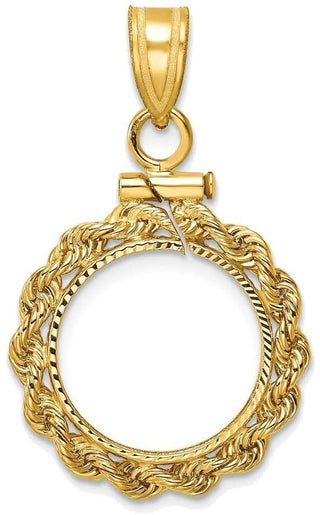14k Yellow Gold Rope Diamond-cut Screw Top 14mm Coin Bezel Pendant - Fits 1/20 oz Maple Leaf and Other Coins