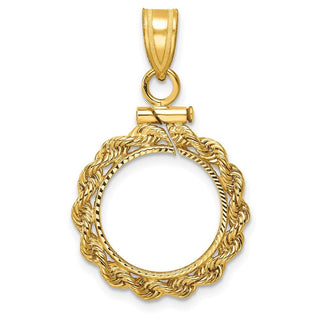 10k Yellow Gold Polished Rope and Diamond-cut 14.0mm x 1.1mm Screw Top Coin Bezel Pendant - Fits 1/20 oz Maple Leaf and Other Coins