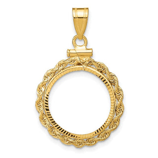 10k Yellow Gold Polished Rope and Diamond-cut 16.5mm x 1.35mm Screw Top Coin Bezel Pendant - Fits 1/10 oz American Eagle and 1/10 oz Krugerrand