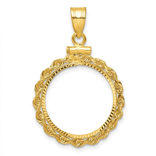 10k Yellow Gold Polished Rope and Diamond-cut 17.8mm x 1.35mm Screw Top Coin Bezel Pendant - Fits US $2.50 Liberty and Other Coins
