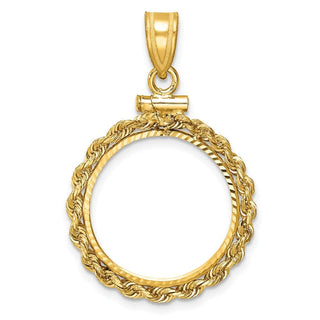 10k Yellow Gold Polished Rope and Diamond-cut 18.0mm x 1.35mm Screw Top Coin Bezel Pendant - Fits 1/10 oz Cat, 1/10 oz Panda, and US Dime