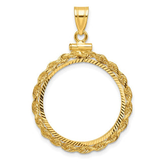 10k Yellow Gold Polished Rope and Diamond-cut 21.6mm x 1.7mm Screw Top Coin Bezel Pendant - Fits US $5 Bald Eagle, US $5 Congressional, US $5 Liberty, and Other Coins