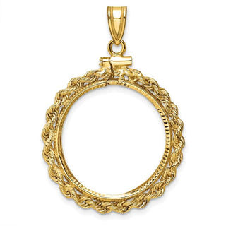 10k Yellow Gold Polished Rope and Diamond-cut 22.0mm x 1.9mm Screw Top Coin Bezel Pendant - Fits 1/4 oz American Eagle and Other Coins