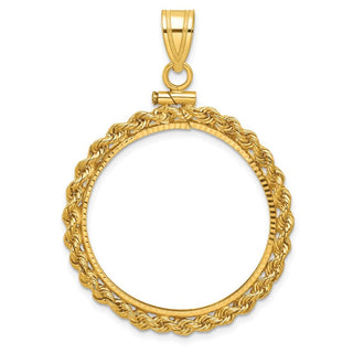 10k Yellow Gold Polished Rope and Diamond-cut 27.0mm x 2.35mm Screw Top Coin Bezel Pendant - Fits 1/2 oz American Eagle, US $10 Liberty, and Other Coins
