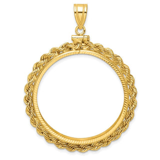 10k Yellow Gold Polished Rope and Diamond-cut 32.7mm x 3.00mm Screw Top Coin Bezel Pendant - Fits 1 oz American Eagle, 1 oz Cat, and 1 oz Krugerrand