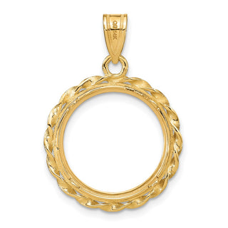 14k Yellow Gold Polished Diamond-cut and Wide Twisted Wire 16.5mm Prong Coin Bezel Pendant