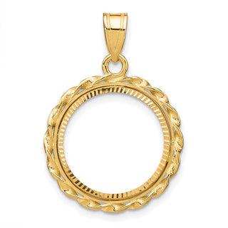 14k Yellow Gold Polished Diamond-cut and Wide Twisted Wire 16.5mm Prong Coin Bezel Pendant