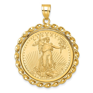 14k Yellow Gold Polished Wide Twisted Wire Mounted 1/2oz American Eagle Prong Coin Bezel Pendant