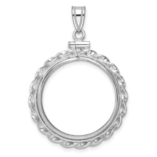 14k White Gold Polished Wide Twisted Wire 22.0mm x 1.9mm Screw Top Coin Bezel Pendant - Fits 1/4 oz American Eagle and Other Coins