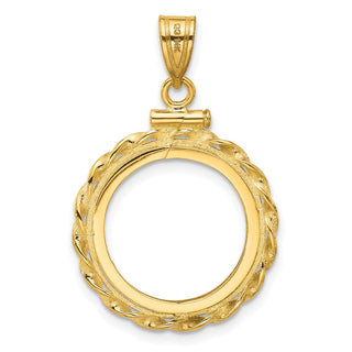 10k Yellow Gold Polished Wide Twisted Wire 16.5mm x 1.35mm Screw Top Coin Bezel Pendant - Fits 1/10 oz American Eagle and 1/10 oz Krugerrand