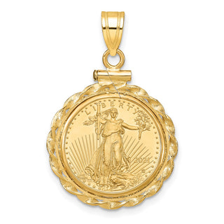 14k Yellow Gold Polished Wide Twisted Wire Mounted 1/10oz American Eagle Screw Top Coin Bezel Pendant