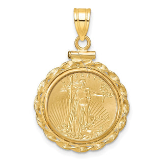 14k Yellow Gold Polished Wide Twisted Wire Mounted 1/10oz American Eagle Screw Top Coin Bezel Pendant