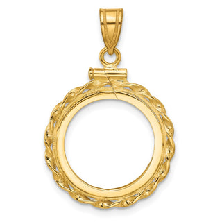 10k Yellow Gold Polished Wide Twisted Wire 16.5mm x 1.35mm Screw Top Coin Bezel Pendant - Fits 1/10 oz American Eagle and 1/10 oz Krugerrand