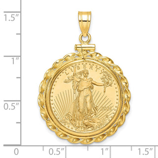 14k Yellow Gold Polished Wide Twisted Wire Mounted 1/4oz American Eagle Screw Top Coin Bezel Pendant