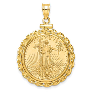 14k Yellow Gold Polished Wide Twisted Wire Mounted 1/4oz American Eagle Screw Top Coin Bezel Pendant