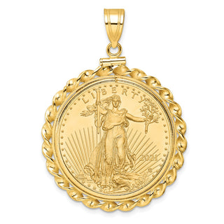 14k Yellow Gold Polished Wide Twisted Wire Mounted 1/2oz American Eagle Screw Top Coin Bezel Pendant