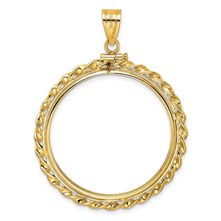 14k Yellow Gold Polished Wide Twisted Wire Screw top 32mm Coin Bezel Pendant - Fits 1 oz Australian Nugget, 1 oz Kangaroo, 1 oz Panda, and Other Coins