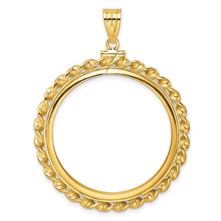 14k Yellow Gold Polished Wide Twisted Wire Screw top 32.7mm Coin Bezel Pendant - Fits 1 oz American Eagle, 1 oz Cat, and 1 oz Krugerrand