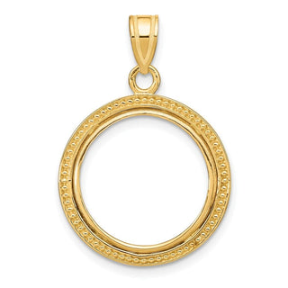 10k Yellow Gold Polished and Beaded 16.5mm Prong Coin Bezel Pendant - Fits 1/10 oz American Eagle and 1/10 oz Krugerrand