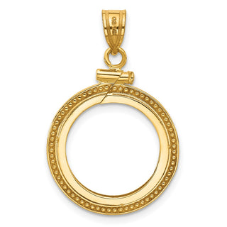10k Yellow Gold Polished and Beaded 16.5mm x 1.35mm Screw Top Coin Bezel Pendant - Fits 1/10 oz American Eagle and 1/10 oz Krugerrand