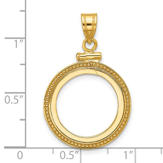 10k Yellow Gold Polished and Beaded 16.5mm x 1.35mm Screw Top Coin Bezel Pendant - Fits 1/10 oz American Eagle and 1/10 oz Krugerrand