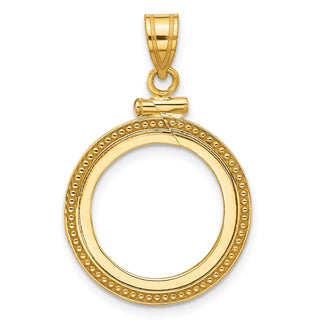 10k Yellow Gold Polished and Beaded 16.5mm x 1.35mm Screw Top Coin Bezel Pendant - Fits 1/10 oz American Eagle and 1/10 oz Krugerrand