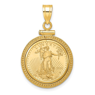 14k Yellow Gold Polished and Beaded Mounted 1/10oz American Eagle Screw Top Coin Bezel Pendant