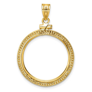 14k Yellow Gold Polished Beaded 22mm Screw Top Coin Bezel Pendant - Fits 1/4 oz American Eagle and Other Coins